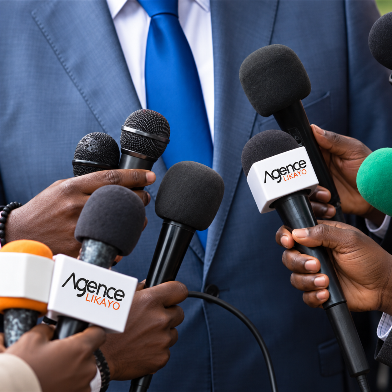 Conférence de presse avec des micros aux couleurs de l’Agence LIKAYO