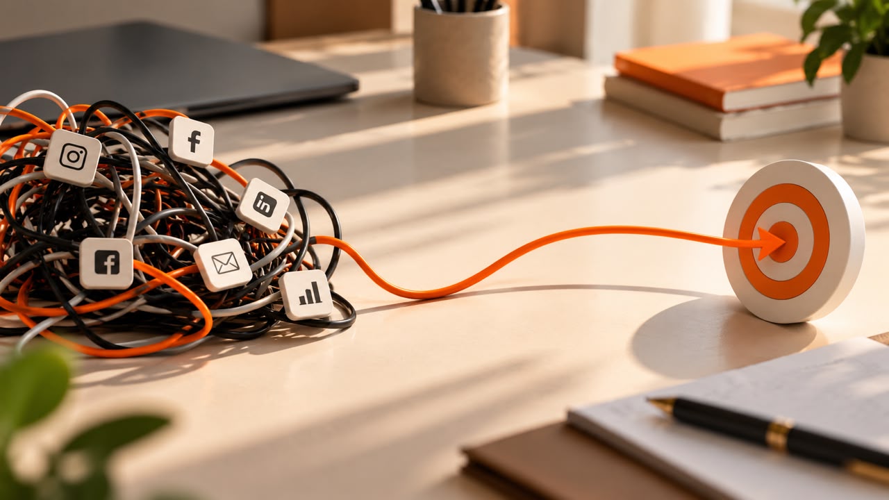 Des canaux de communication emmêlés reliés par un câble orange à une cible